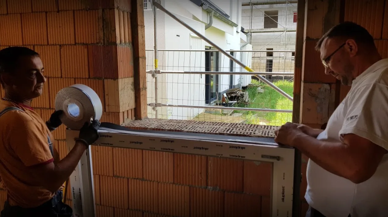 Zwei Monteure setzen einen neuen Fensterrahmen in eine Rohbauöffnung